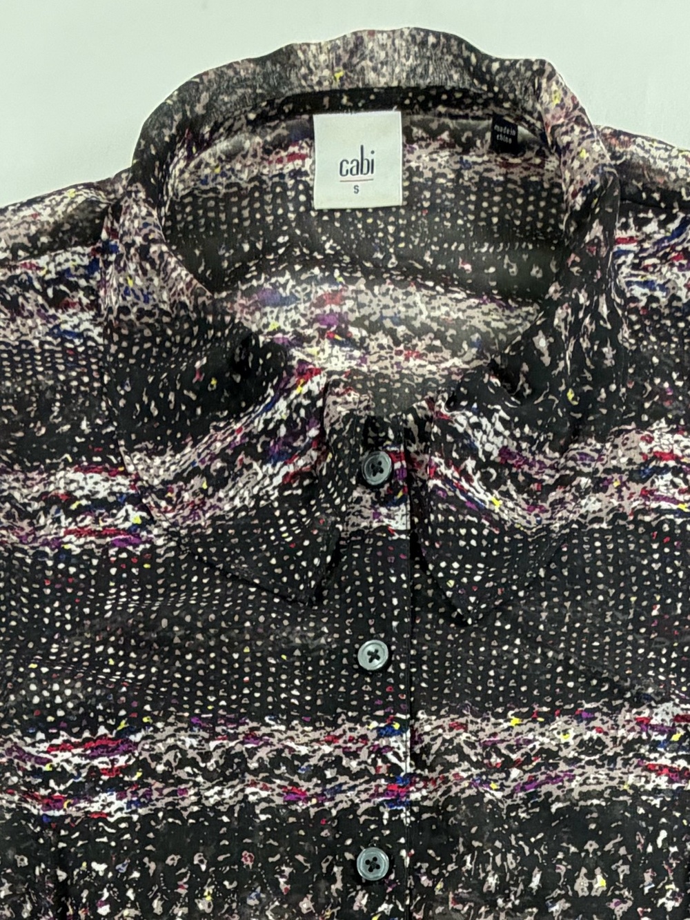 Cabi Sheer Button Front Blouse Small Abstract Print Long Sleeve Black - Picture 3 of 5